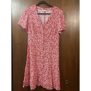 Madewell Red Ditsy Floral V-Neck Button Front Flutter Sleeve A-Line Dress 8